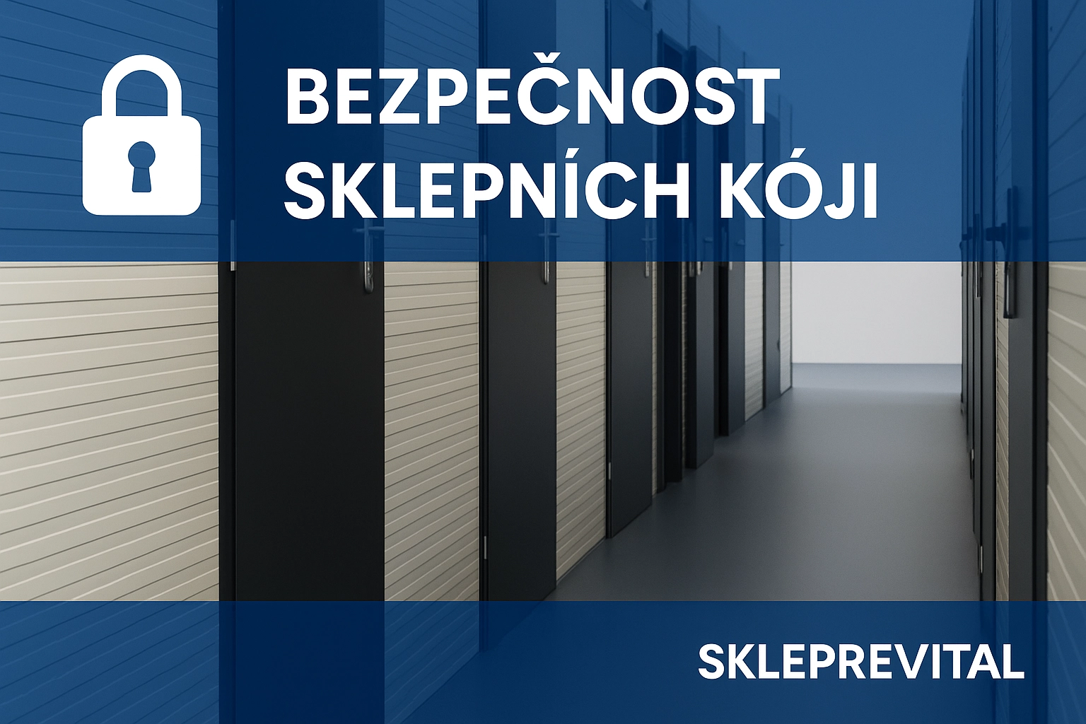 Moderní bezpečné sklepní kóje s ikonou visacího zámku a grafikou Bezpečnost sklepních kójí od SklepRevital
