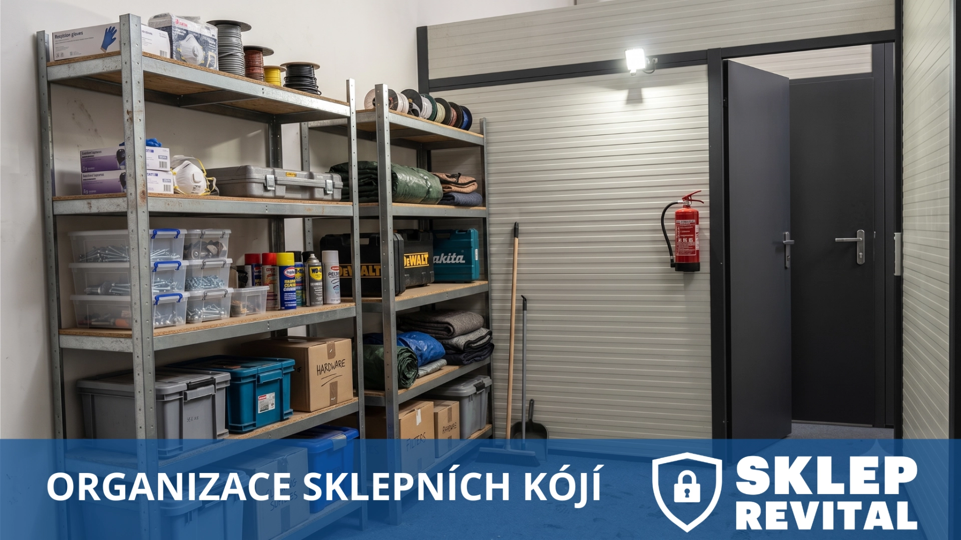 moderní, dobře osvětlená a uspořádaná kóje s regály a věcmi na nich