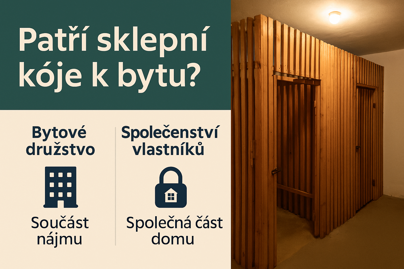 stará sklepní kóje vpravo, vlevo nápis "patří sklepní kóje k bytu? Bytové družstvo - součást nájmu, Společenství vlastníků - společná část domu"