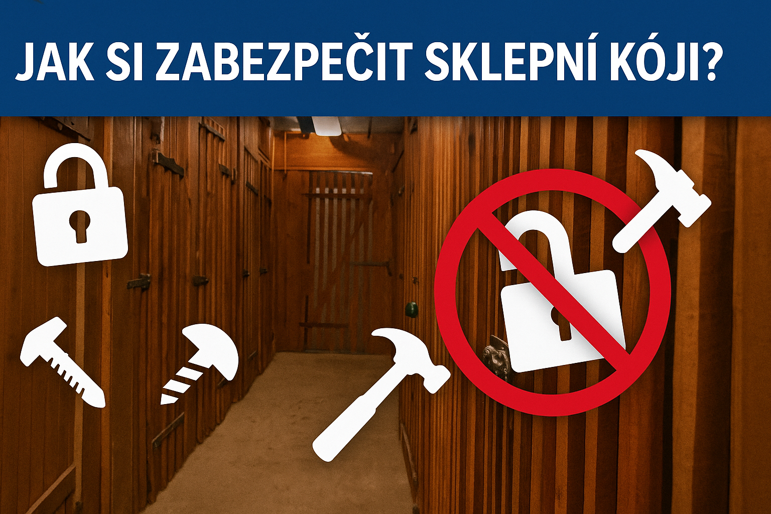 ulička plná starých laťkových kójí s logy zámků, kladiv a šroubků, nahoře je nápis "jak zabezpečit sklepní kóji"