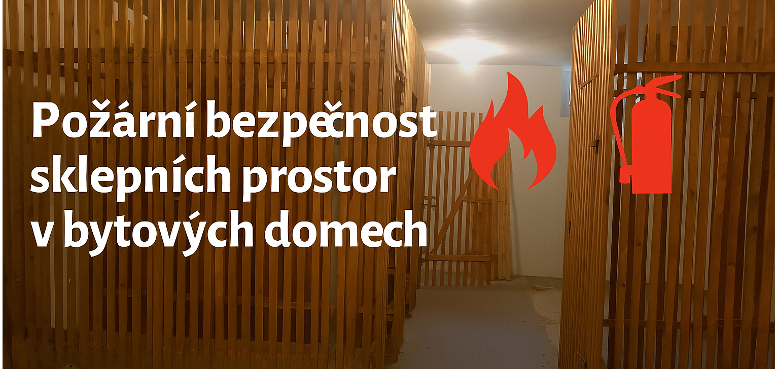 staré laťkové sklepní kóje s ikonou ohně a hasicího přístroje a s textem "Požární bezpečnost sklepních prostor v bytových domech"