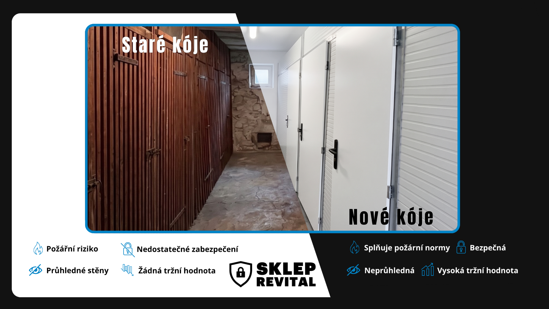 Srovnání stavu před a po: Staré dřevěné kóje představují požární riziko, zatímco nové plné kóje Sklep Revital splňují normy, jsou bezpečné a celkově zvyšují tržní hodnotu i prodejní cenu sklepní kóje.