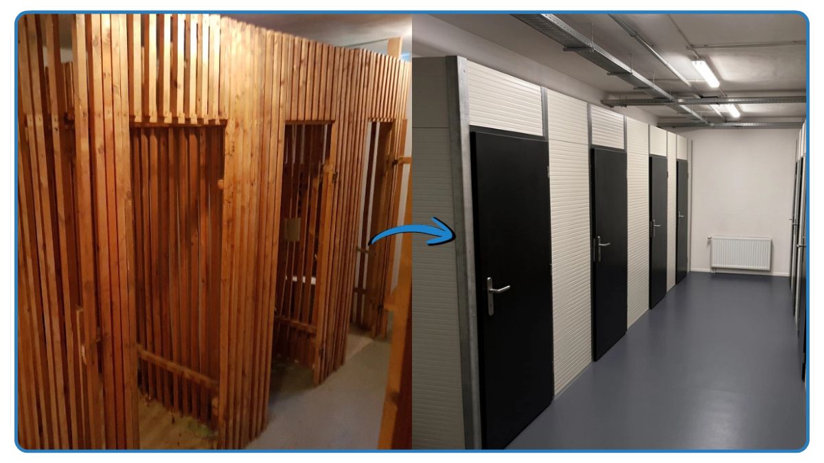 Srovnávací fotografie 'před a po' renovaci sklepních kójí. Na levé straně je ukázán původní stav: staré, otevřené laťkové dřevěné sklepní kóje s nezpevněnou podlahou v šeru. Modrá šipka ukazuje přeměnu na pravou stranu, která zobrazuje modernizovaný suterén s čistou podlahou, světlými šedými panelovými stěnami a tmavými dveřmi s kovovými klikami pro nové sklepní kóje, moderním stropním osvětlením a vzduchotechnikou. Příklad revitalizace a modernizace sklepních prostor pro SVJ a BD.